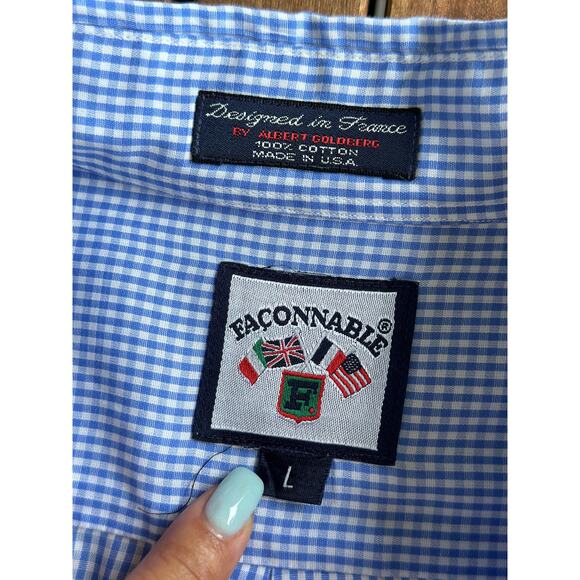 FAÇONNABLE Men’s Large Classic Fine Blue Stripe Dress Shirt Cotton Made in USA - Picture 4 of 6